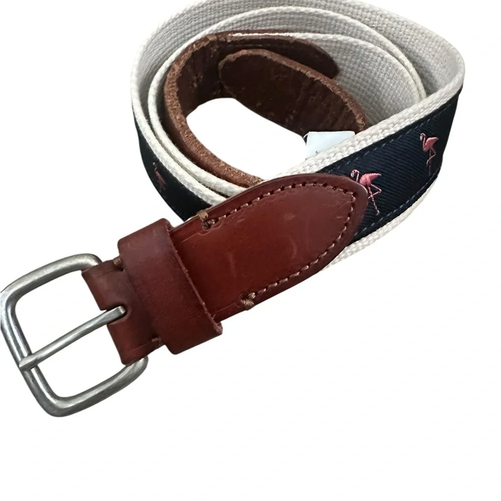 J.Crew Brown Leather and Cotton Belt size 36” Flamingo Printed Preppy